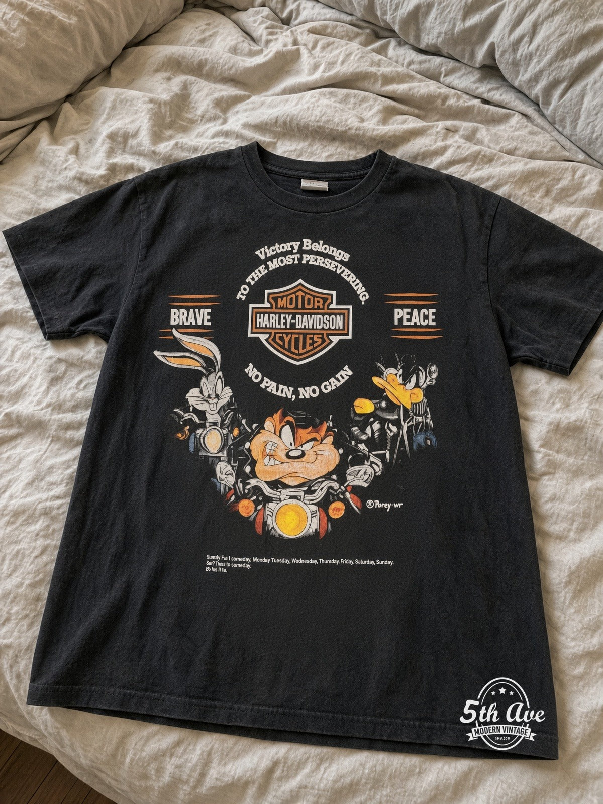 Taz & Bugs Harley-Davidson Victory Belongs faded black tee laid on bed