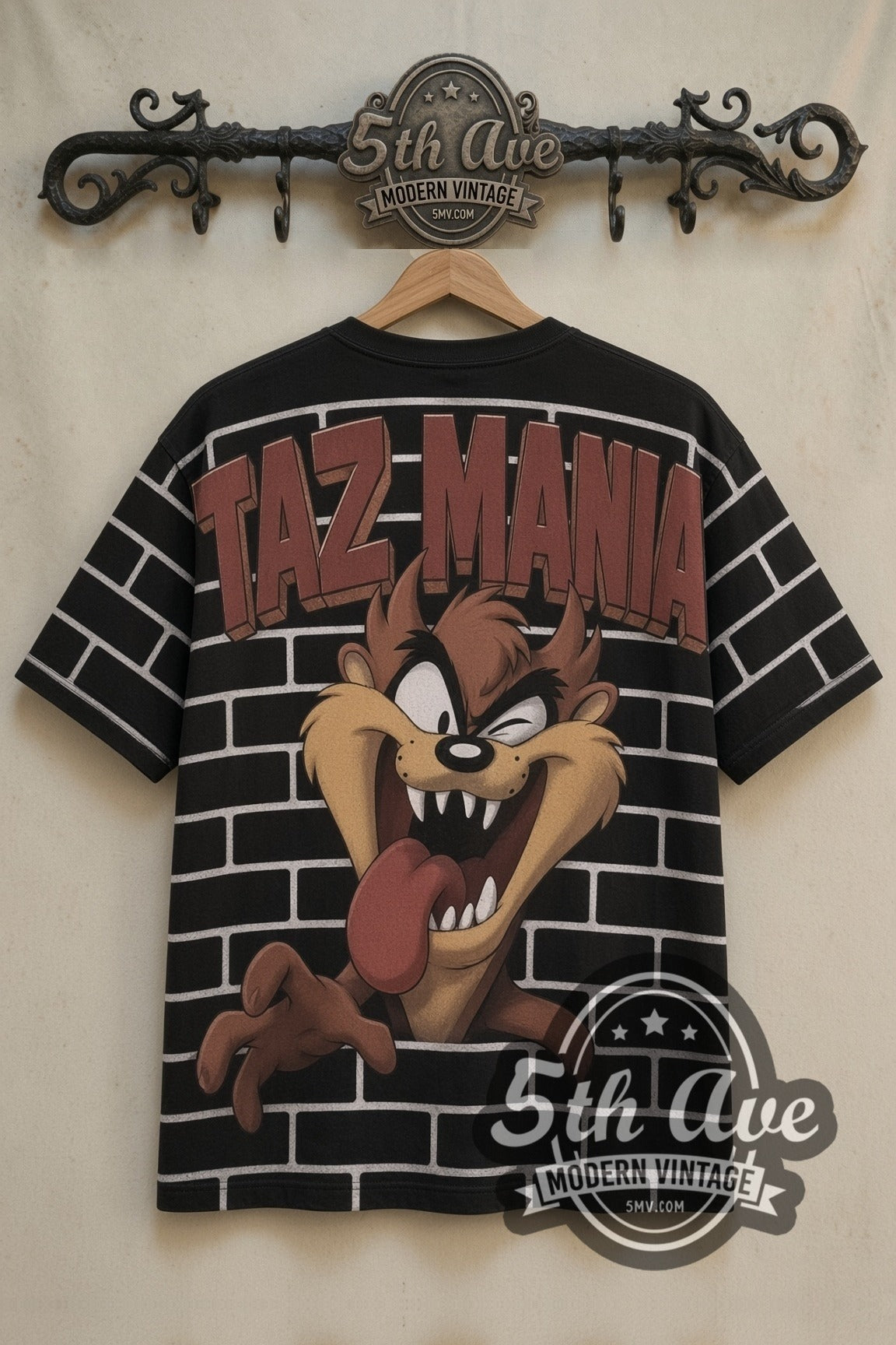 Looney Tunes Taz-Mania all-over-print vintage cartoon t-shirt on the 5MV rack, back view: all-over Taz print with TAZ MANIA lettering
