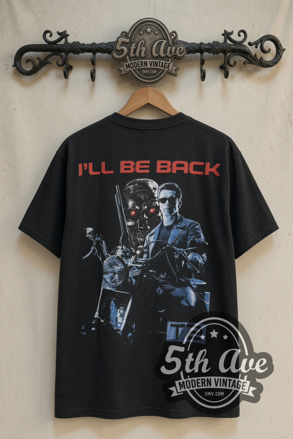 Back print of Terminator 2: Judgment Day I'll Be Back & T2 Motorcycle tee on 5th Ave rack