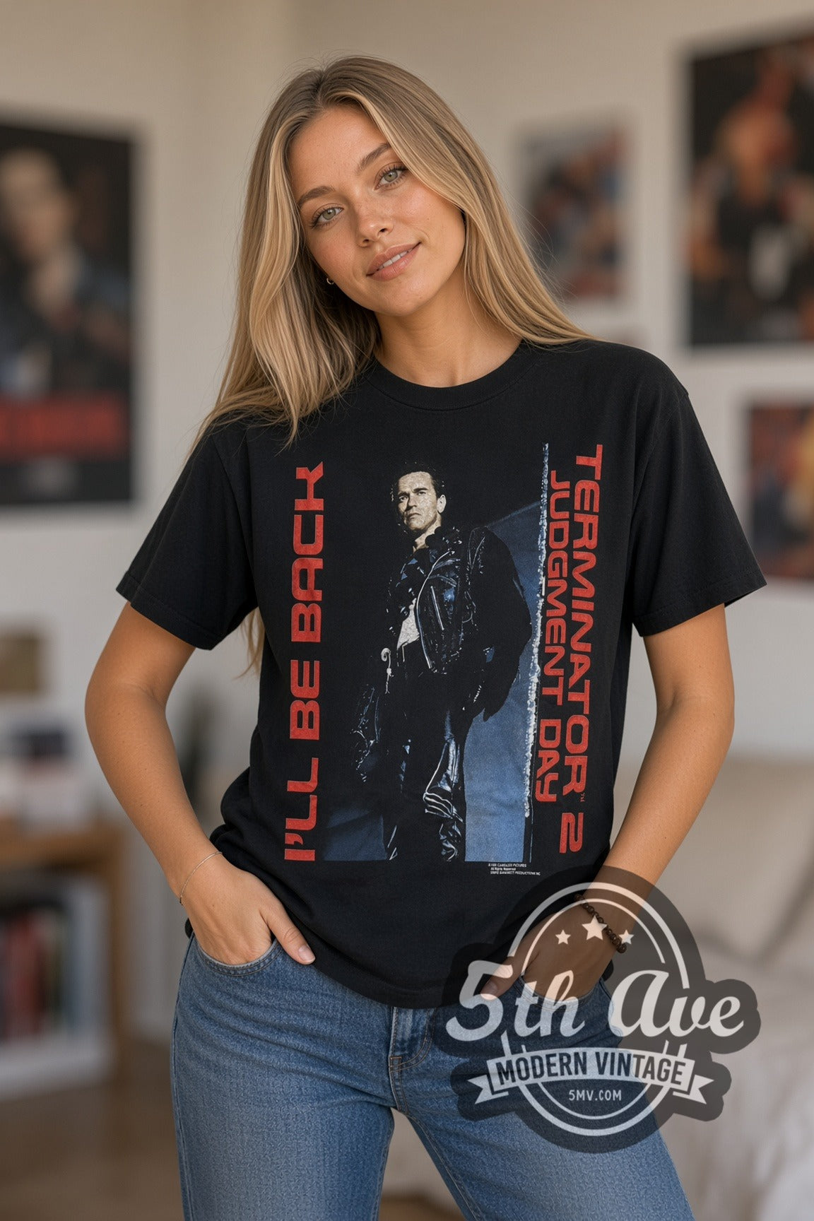 Woman wearing black Terminator 2: Judgment Day I'll Be Back & T2 Motorcycle vintage movie tee