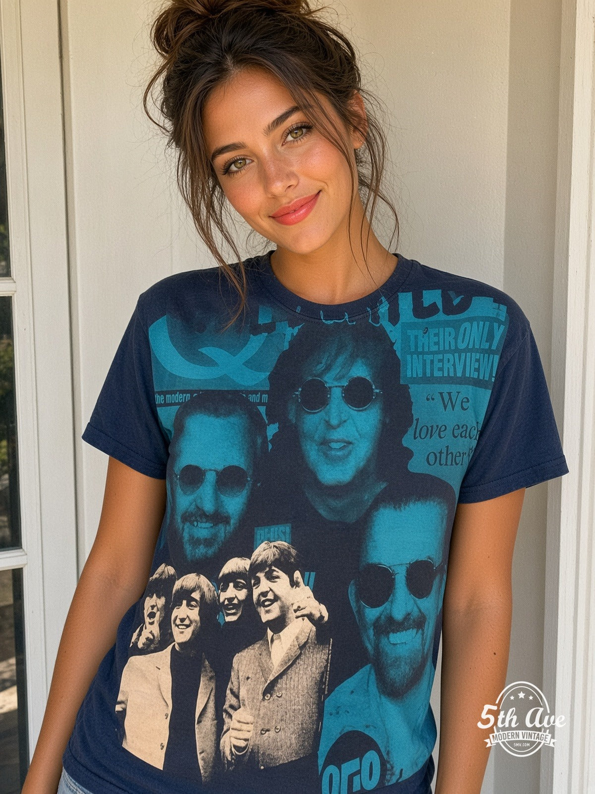 The Beatles Fab Four Collage all over print vintage tee model wearing