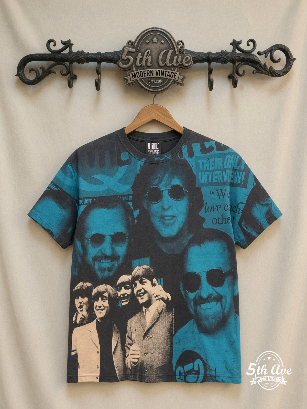 The Beatles Fab Four Collage all over print vintage band t-shirt front on cream 5th Ave rack