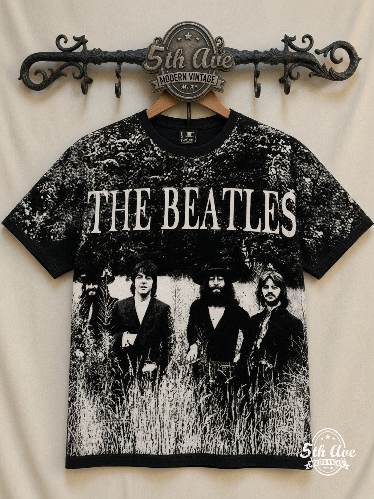 The Beatles Field Photo all over print vintage band t-shirt front on cream 5th Ave rack