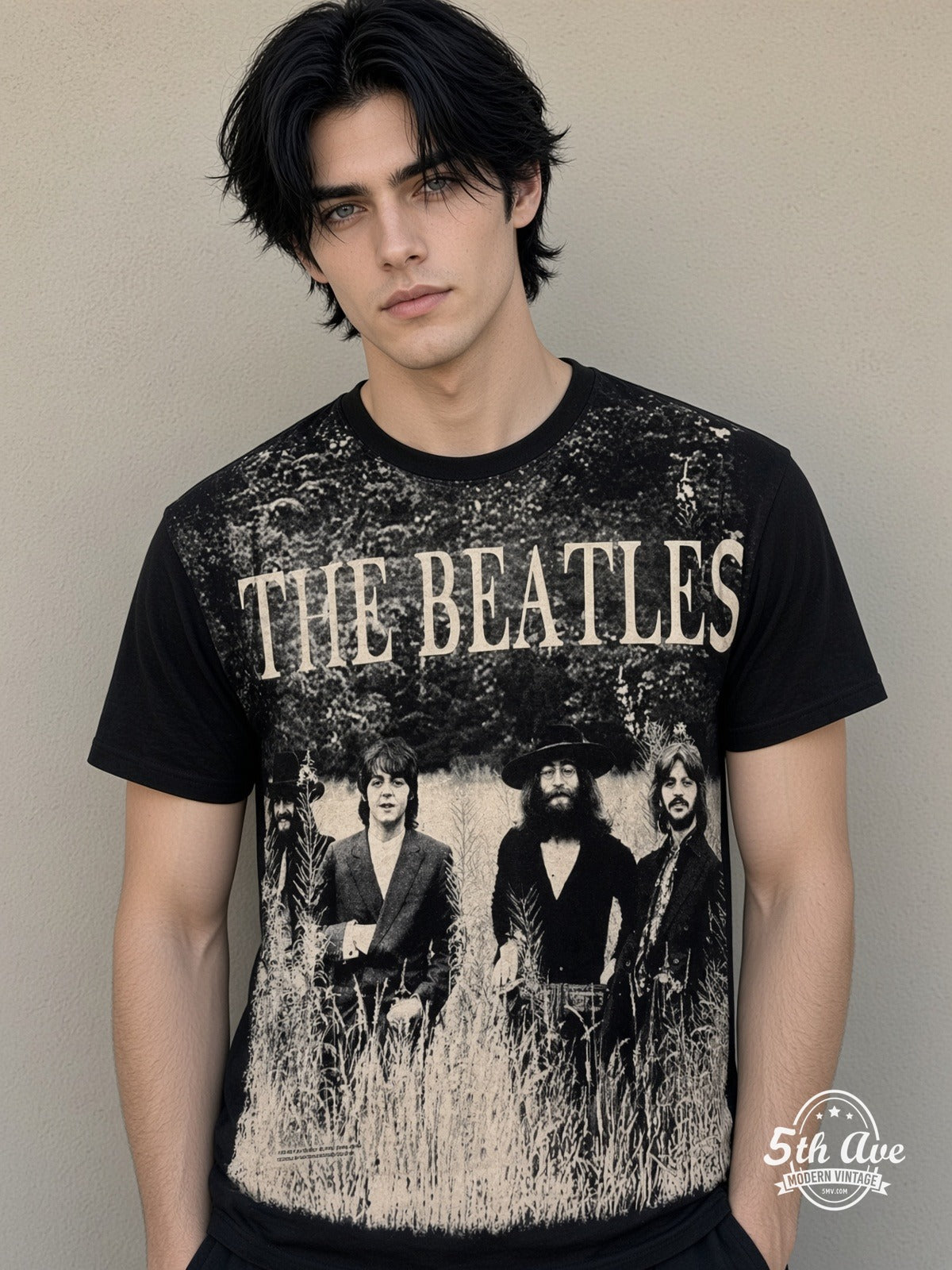 The Beatles Field Photo Lighter all over print vintage tee model wearing