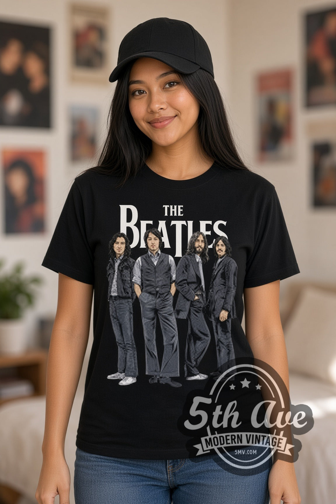 Woman wearing The Beatles group portrait double stitched black graphic tee