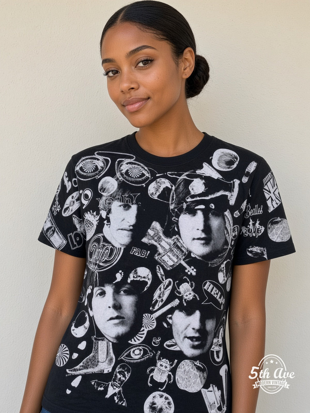 The Beatles Help Collage all over print vintage tee model wearing