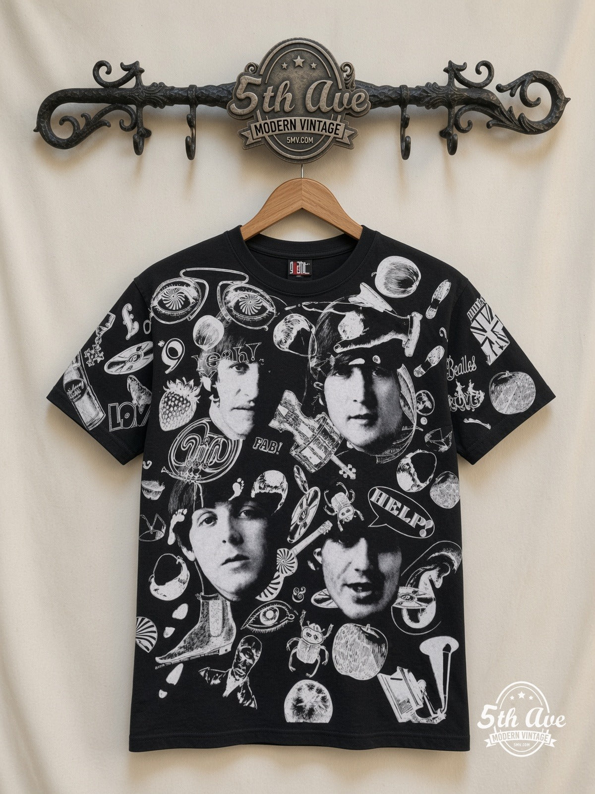The Beatles Help Collage all over print vintage band t-shirt front on cream 5th Ave rack