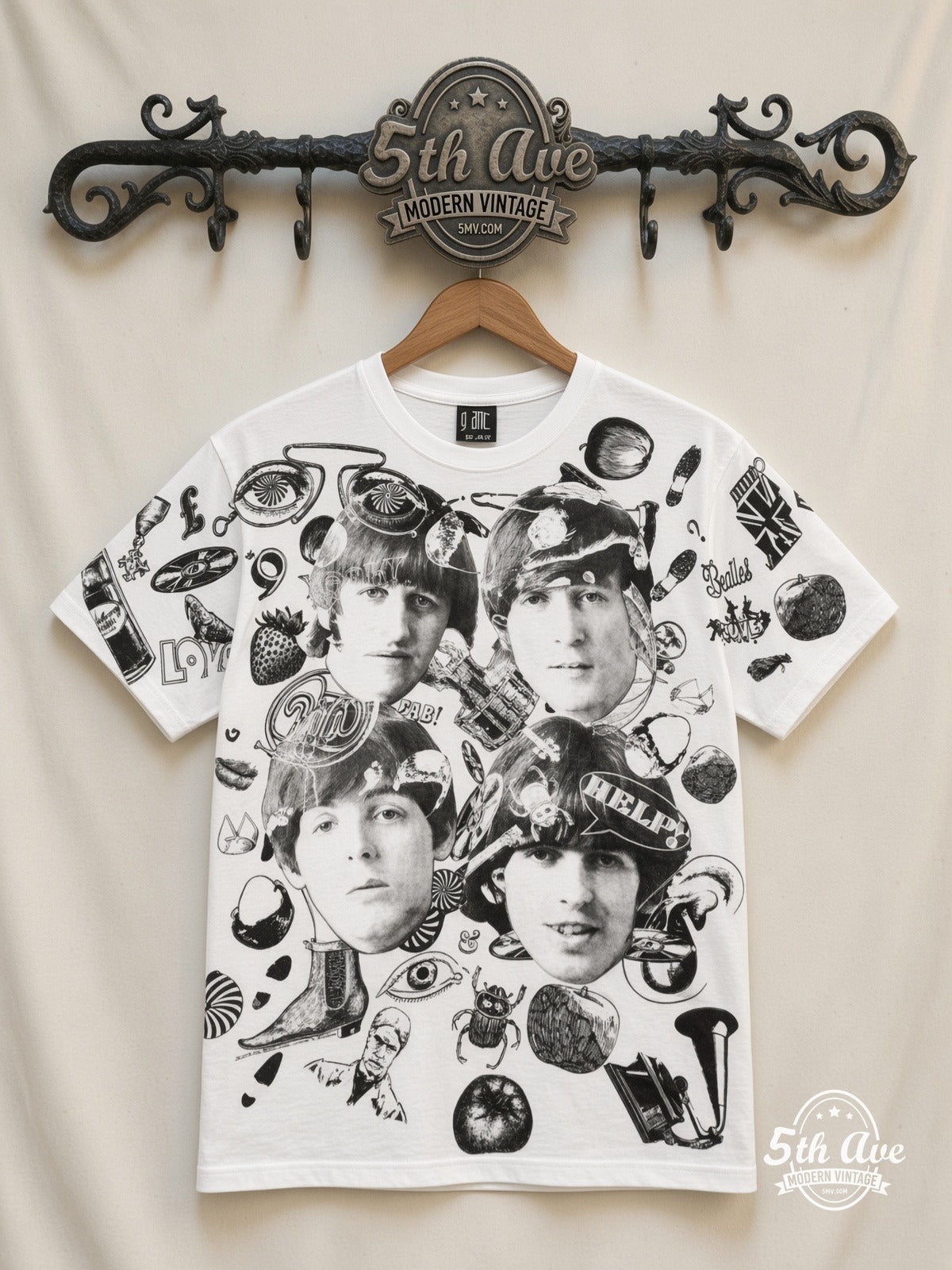 The Beatles Help Collage White all over print vintage band t-shirt front on cream 5th Ave rack