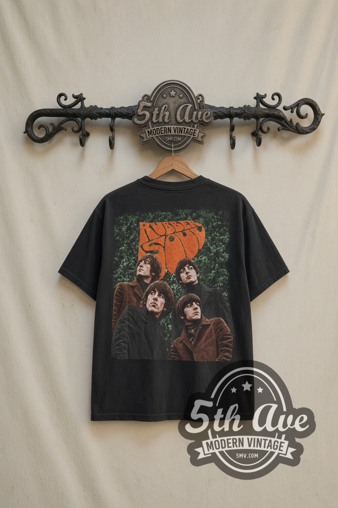 Back print of The Beatles Rubber Soul tee on the 5MV rack