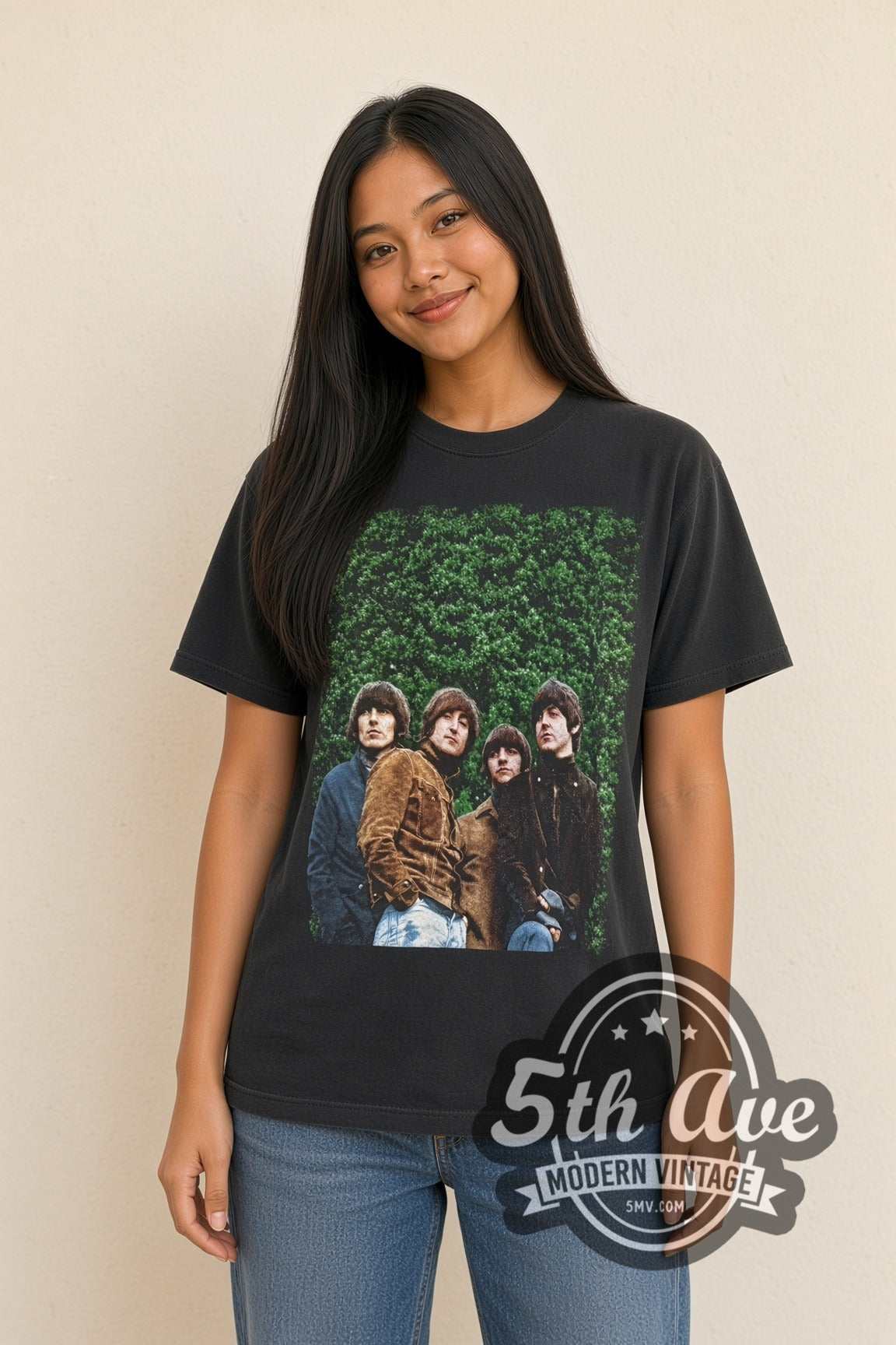 Woman wearing black The Beatles Rubber Soul vintage band t-shirt