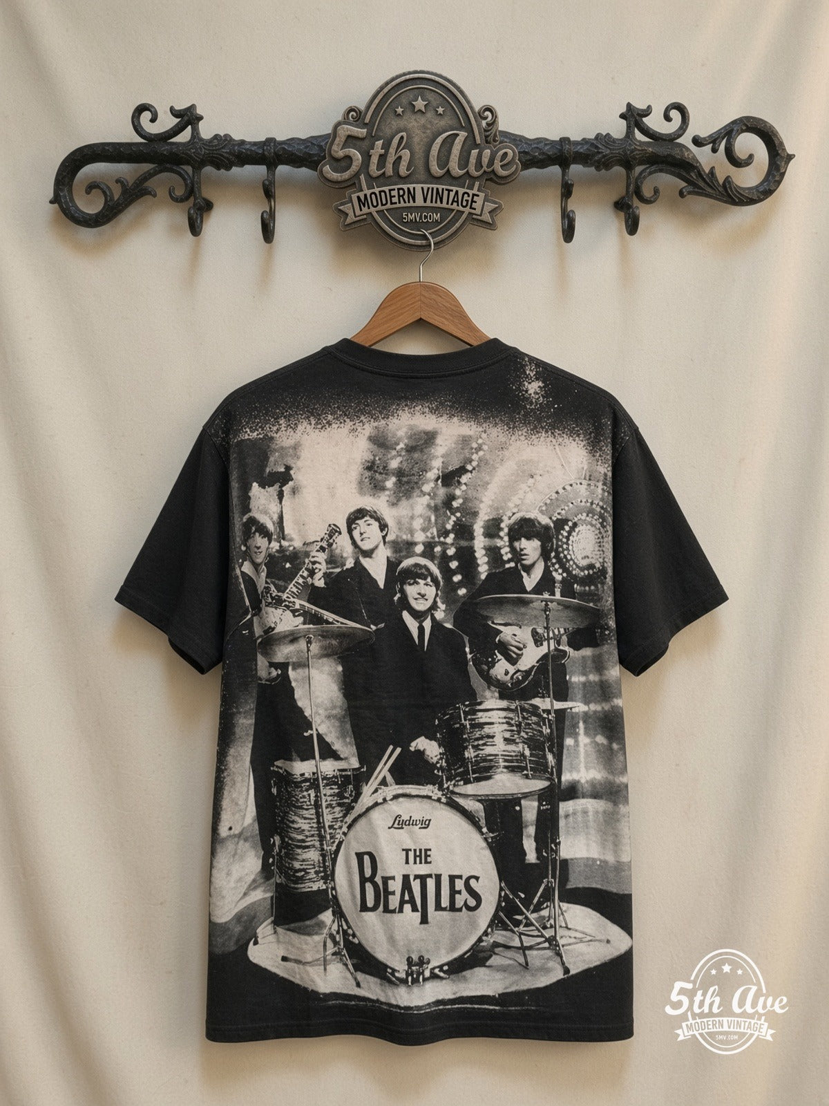 The Beatles Live Abbey Drums all over print vintage tee back on cream 5th Ave rack