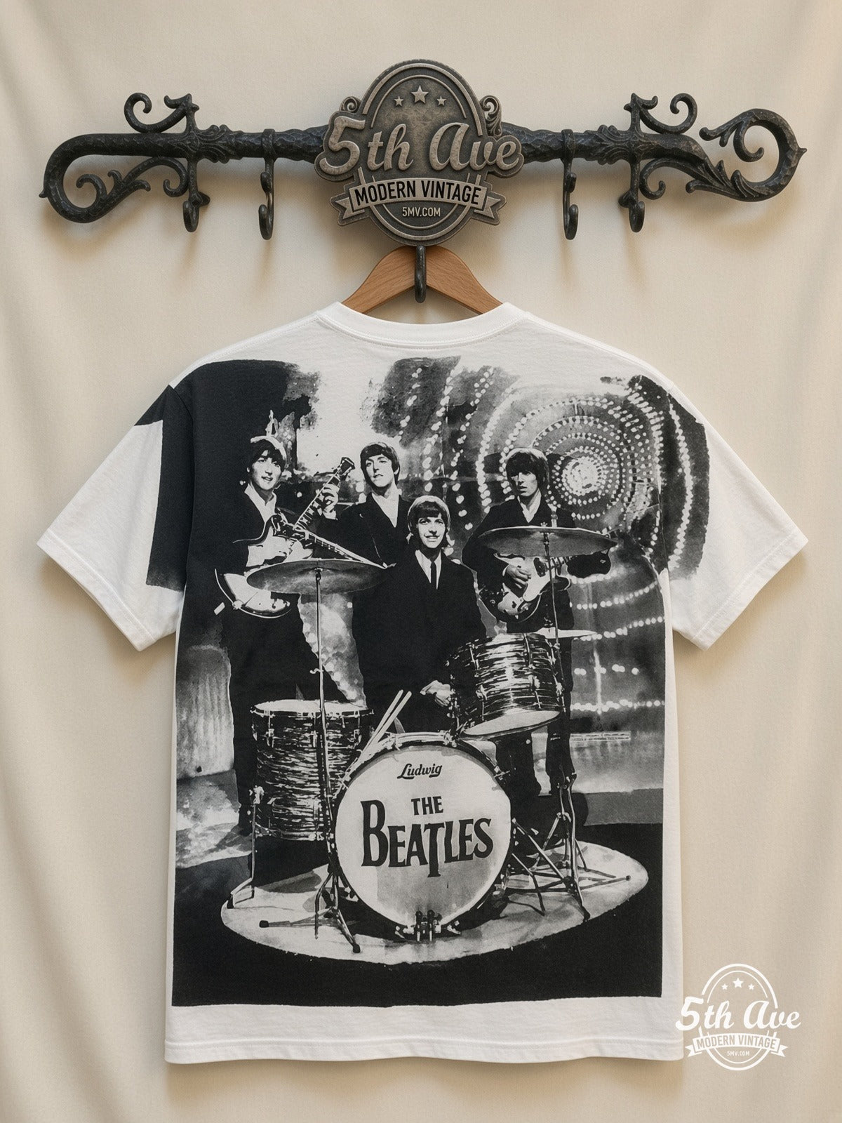 The Beatles Montage Drums all over print vintage tee back on cream 5th Ave rack