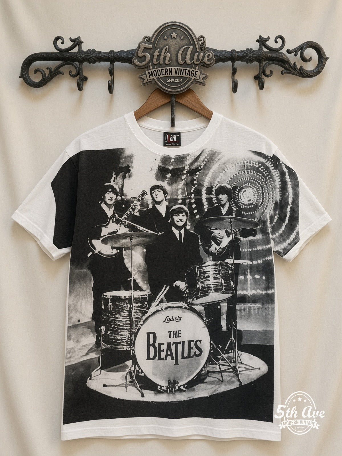 The Beatles Montage Drums all over print vintage band t-shirt front on cream 5th Ave rack