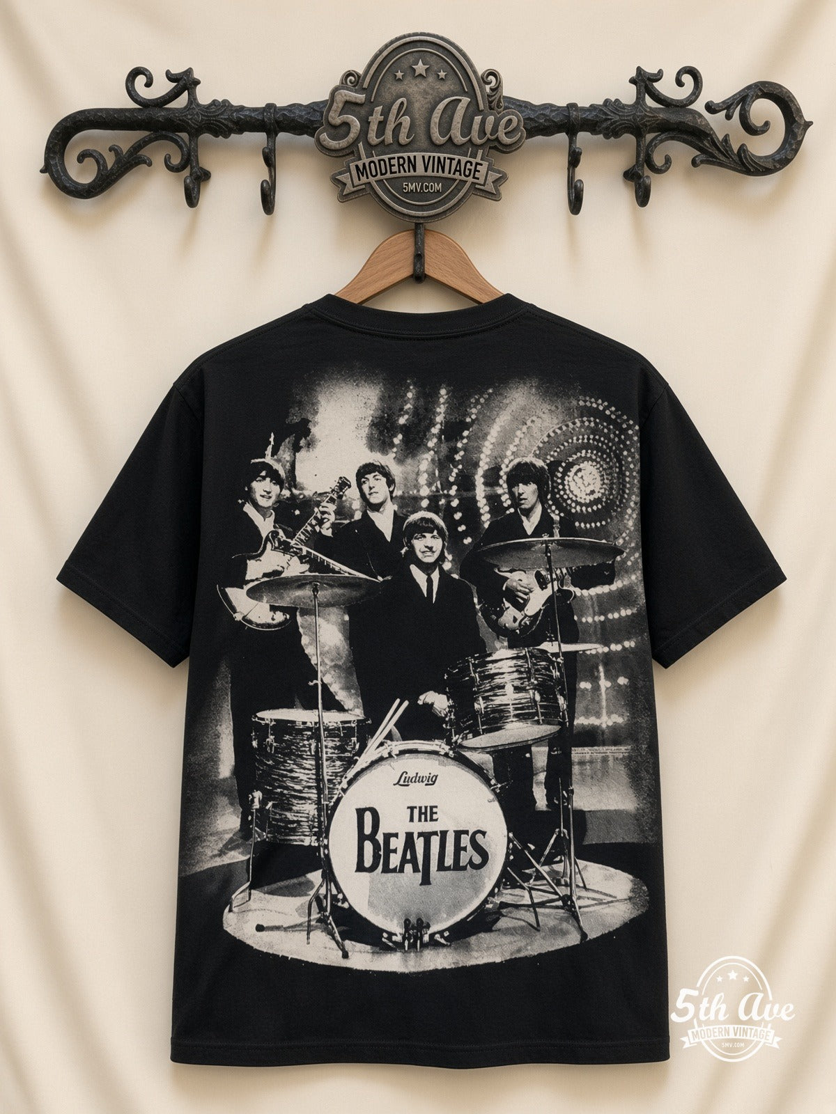 The Beatles Photo Collage Drums all over print vintage tee back on cream 5th Ave rack