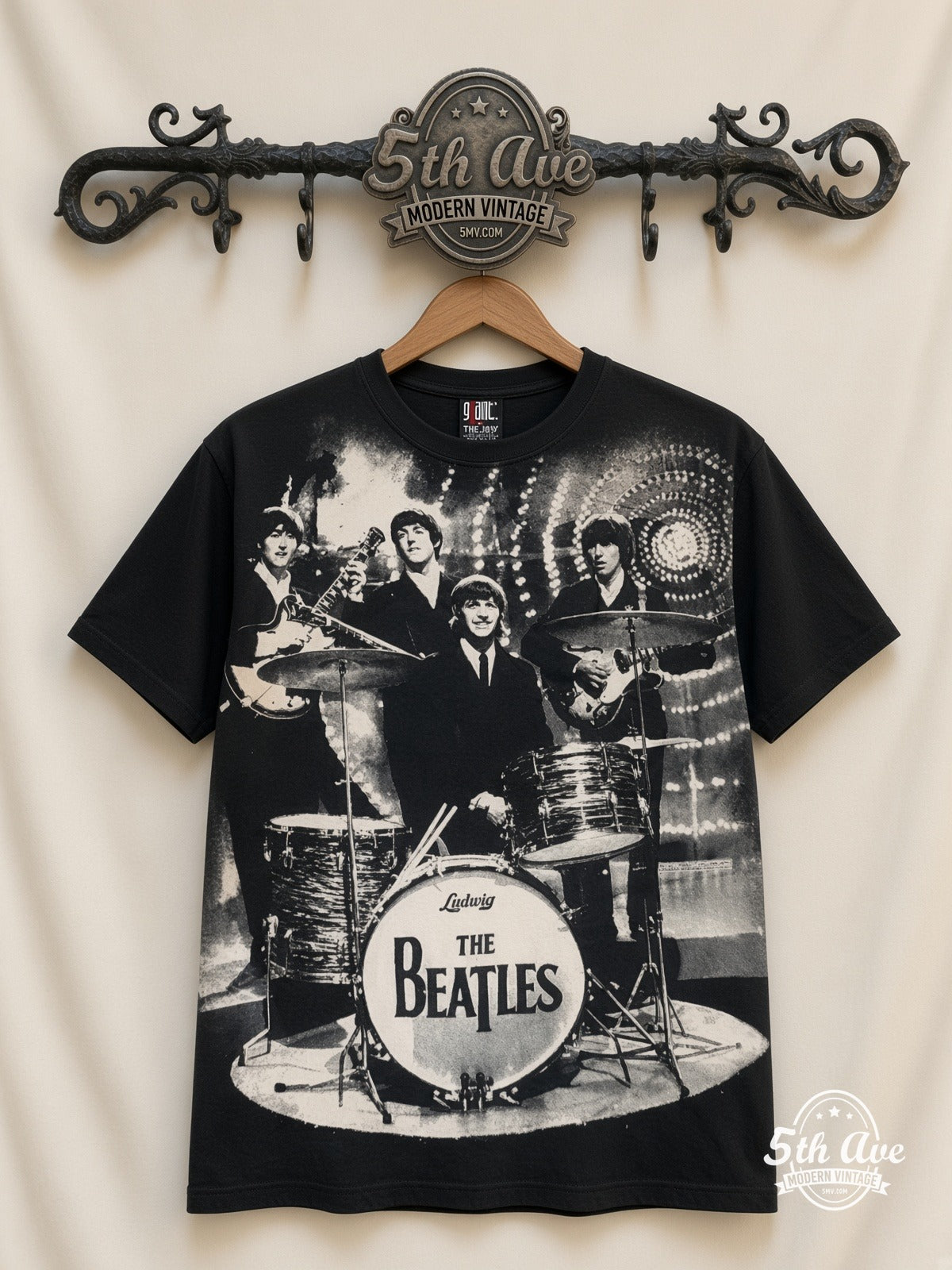 The Beatles Photo Collage Drums all over print vintage band t-shirt front on cream 5th Ave rack
