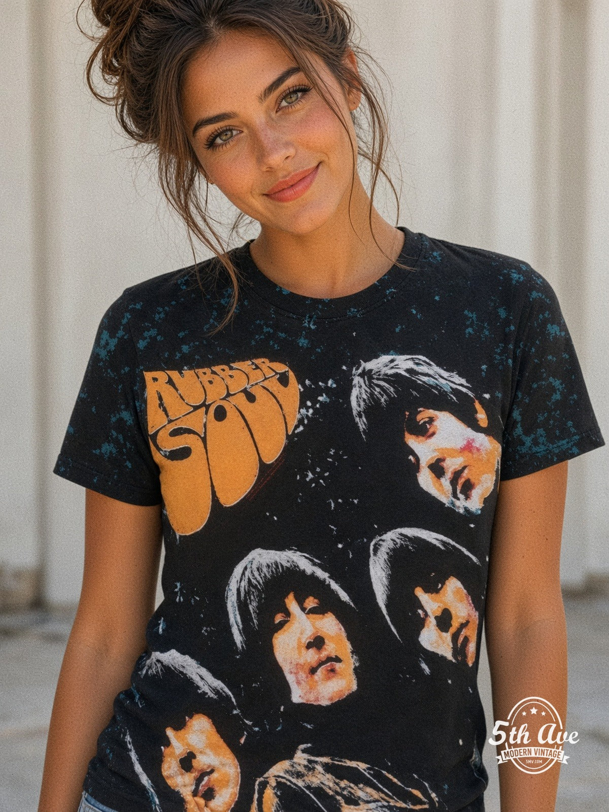The Beatles Rubber Soul Black all over print vintage tee model wearing