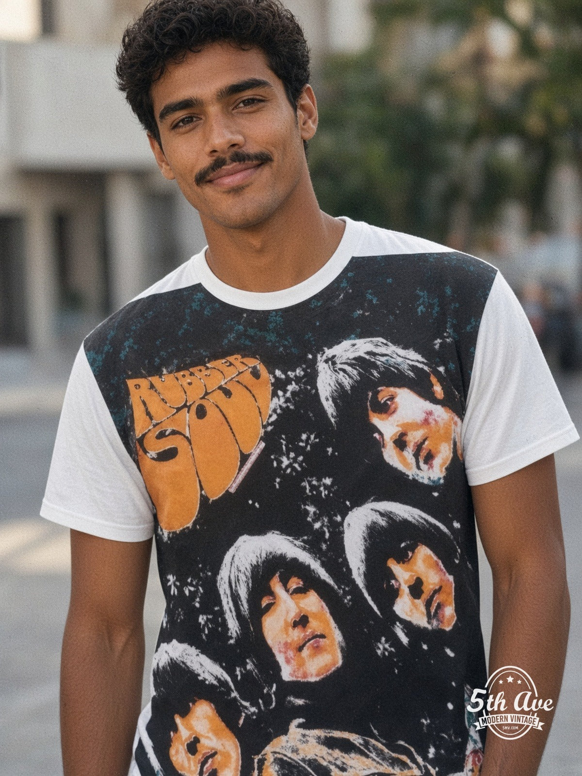 The Beatles Rubber Soul all over print vintage tee model wearing