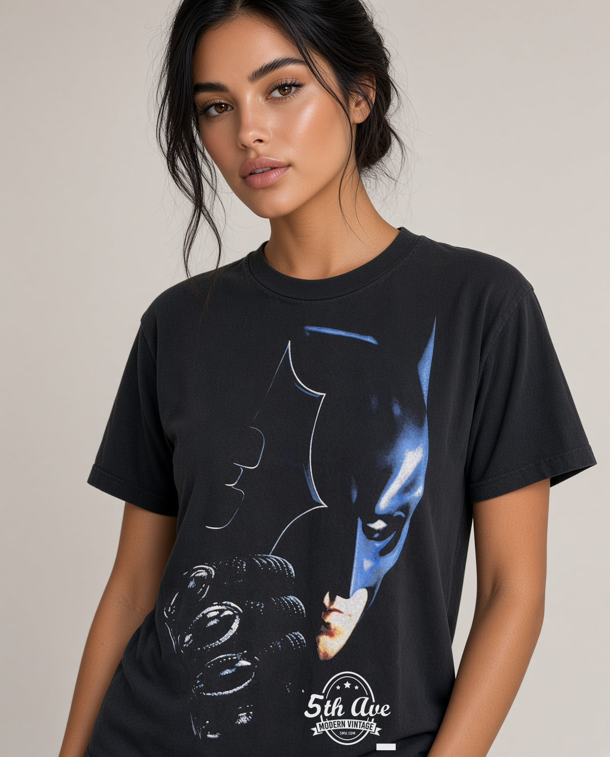 Model wearing The Dark Knight Batman Tumbler vintage band tee