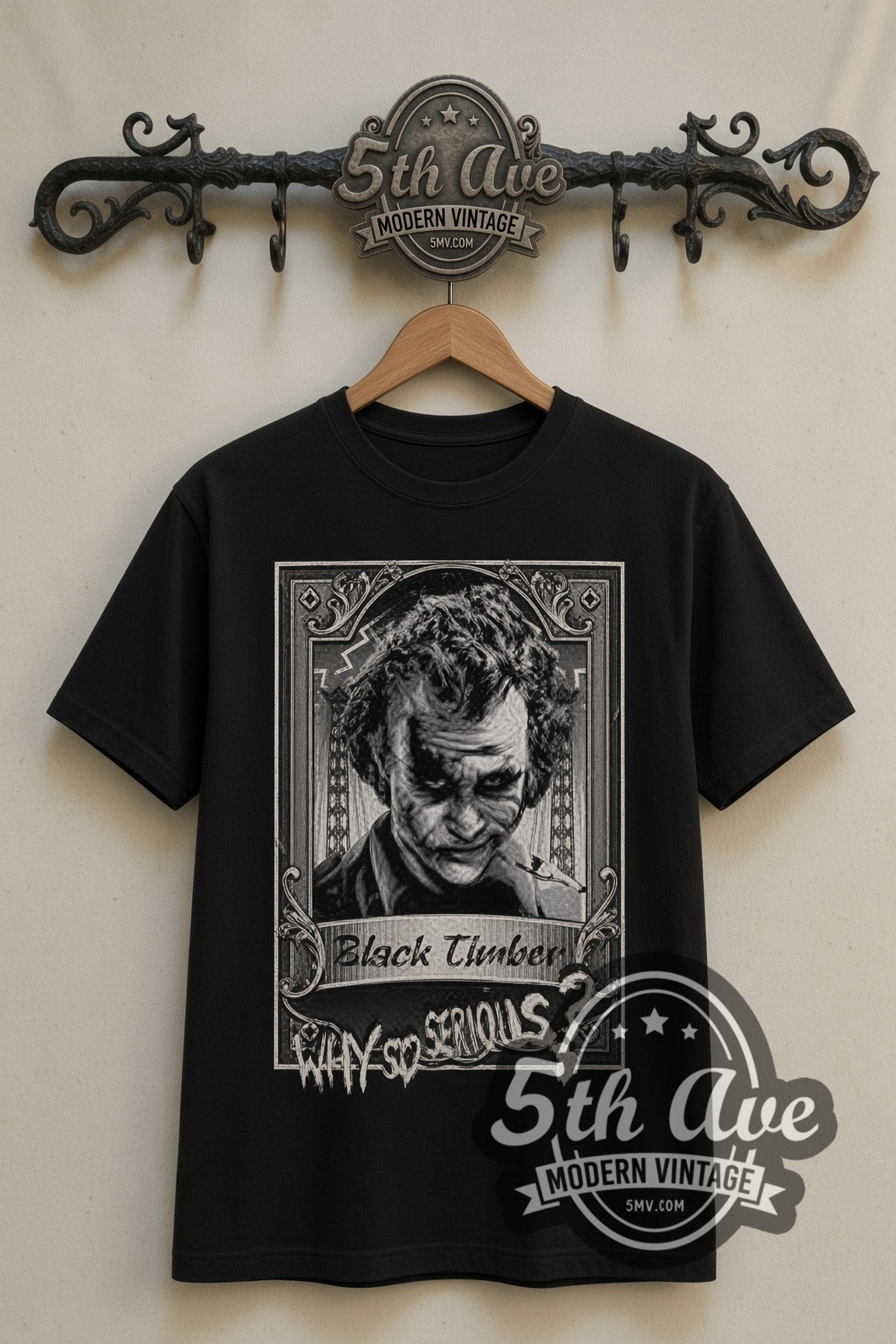 The Dark Knight Joker Black Timber Portrait double stitched black tee front on dark iron 5th Ave rack