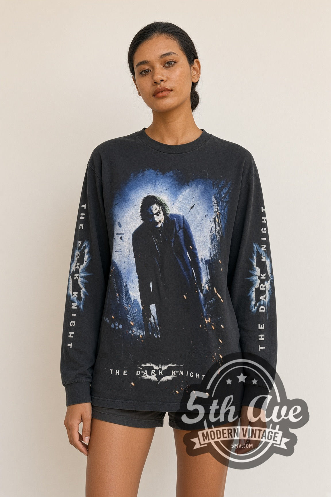 Model wearing The Dark Knight Joker Street Poster Long Sleeve vintage movie tee