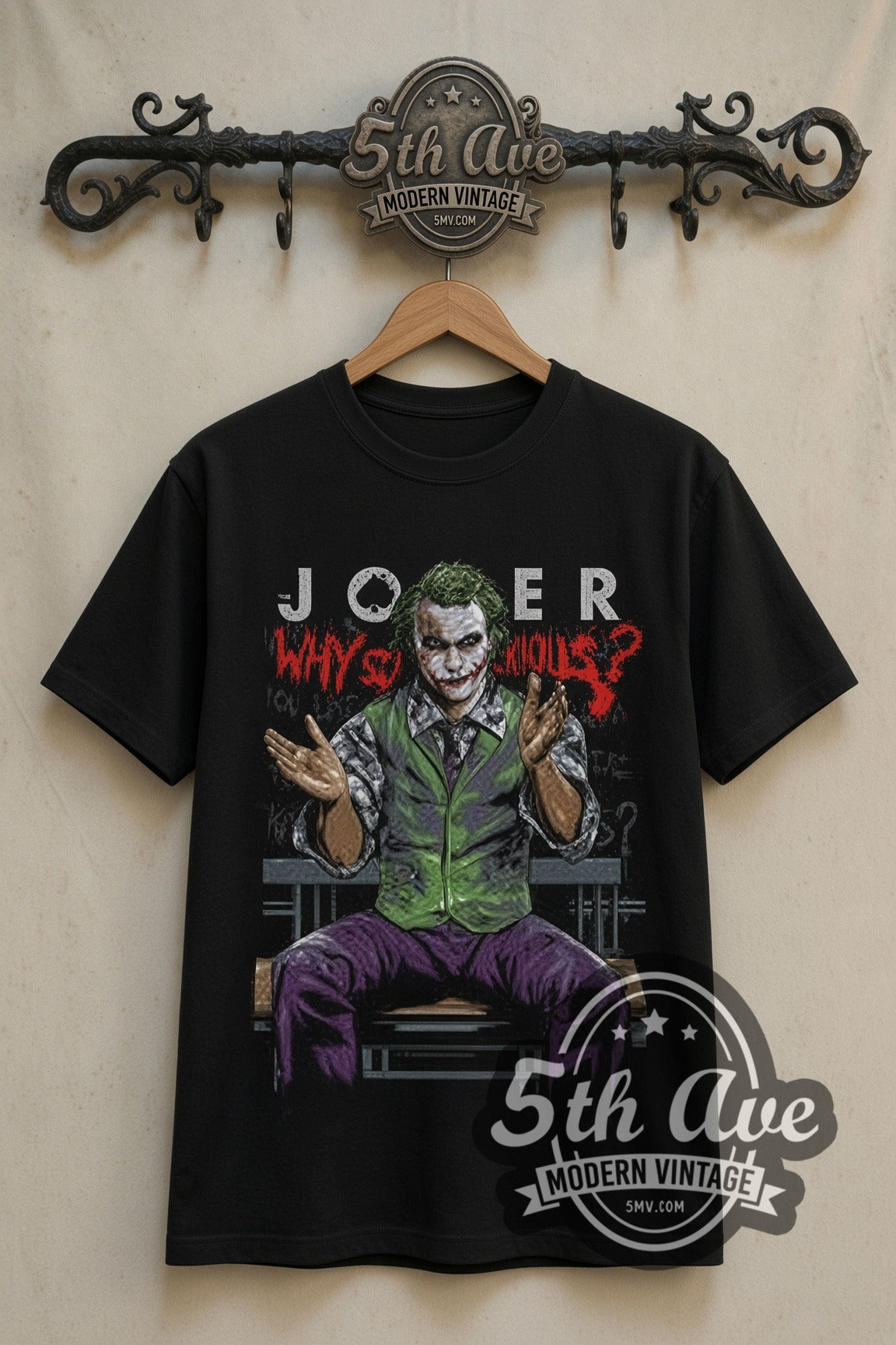 Joker Why So Serious Dark Knight double stitched black tee front on dark iron 5th Ave rack
