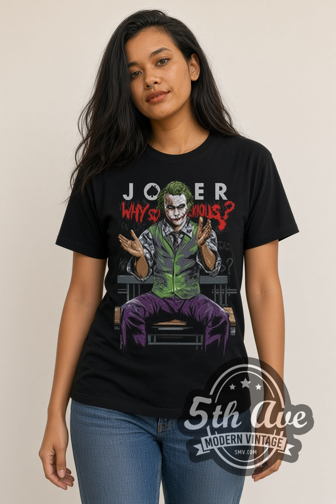 Woman wearing Joker Why So Serious Dark Knight double stitched black graphic tee