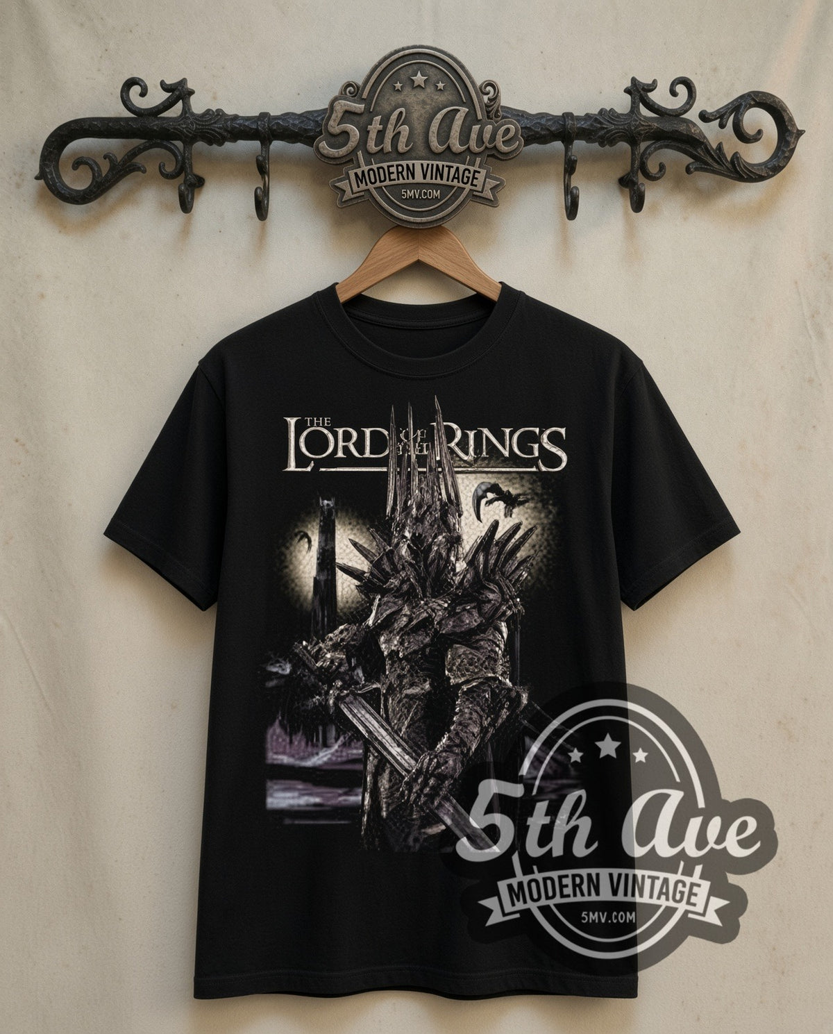 The Lord of the Rings Sauron double stitched black tee front on dark iron 5th Ave rack