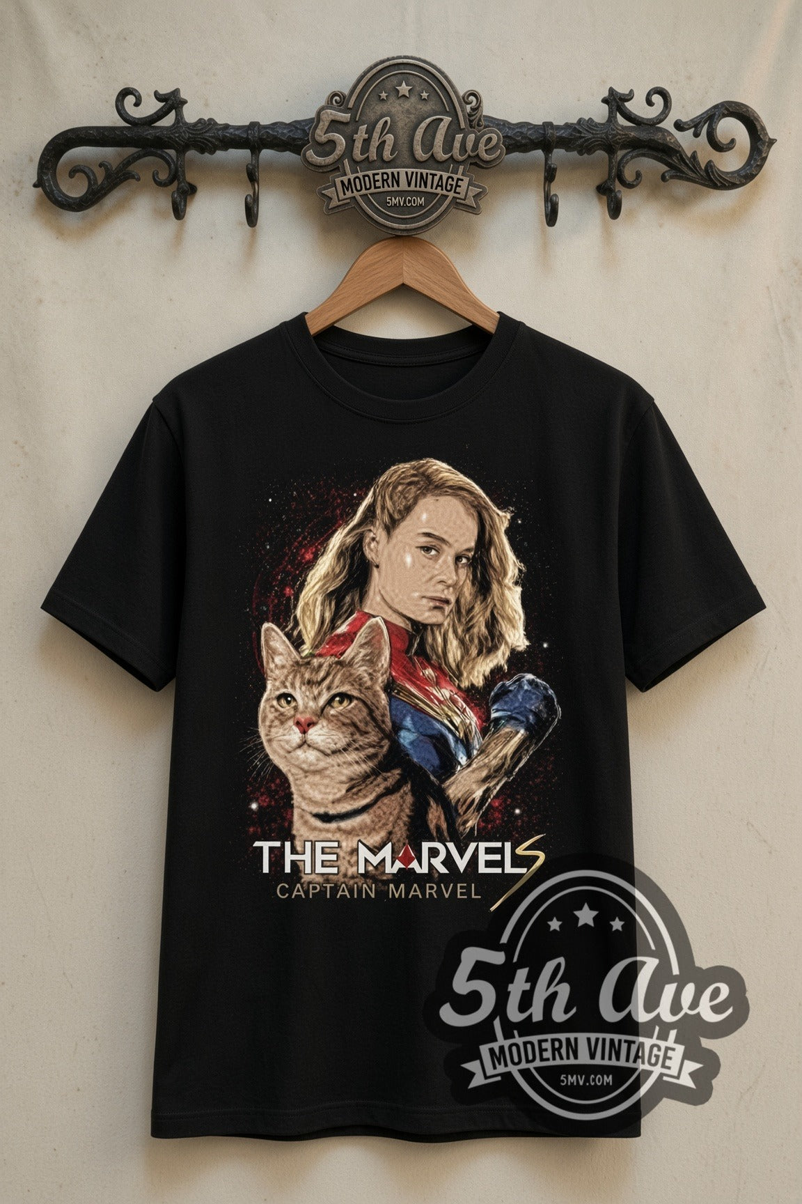 The Marvels Captain Marvel and Goose double stitched black vintage movie tee front on the 5MV rack