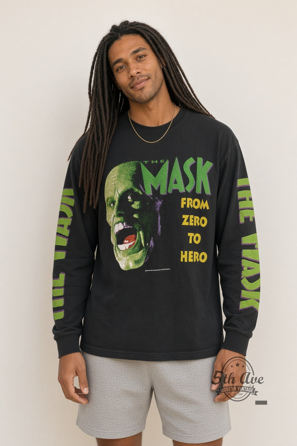 Model wearing The Mask From Zero to Hero Long Sleeve vintage movie tee