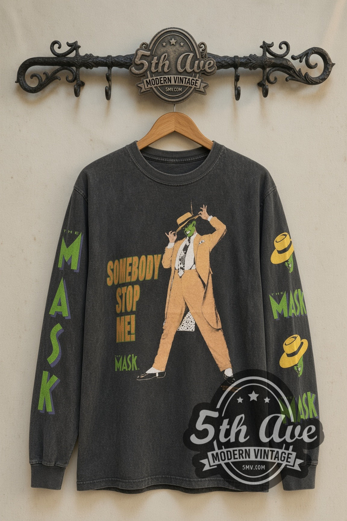 The Mask Somebody Stop Me! / Smokin! vintage movie tee front on 5th Ave iron rack