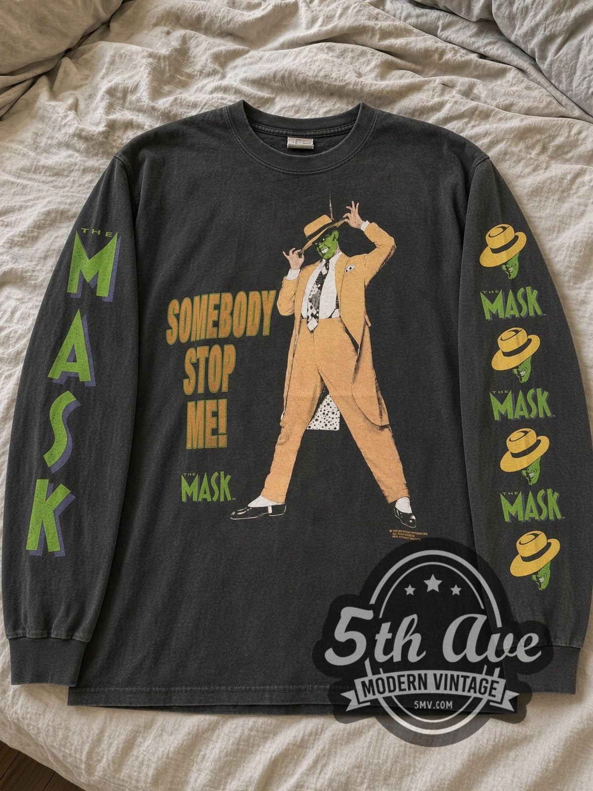 Faded Black The Mask Somebody Stop Me! / Smokin! vintage movie long sleeve tee laid flat on linen bed