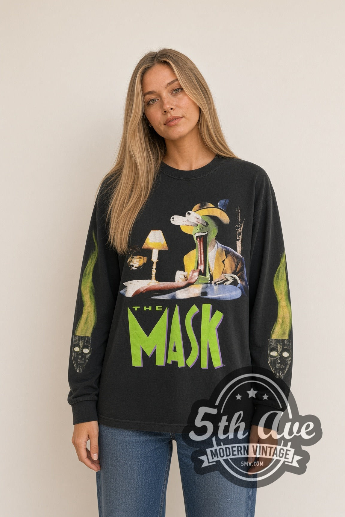 Woman wearing black The Mask Tongue Out & Milo vintage long sleeve movie tee