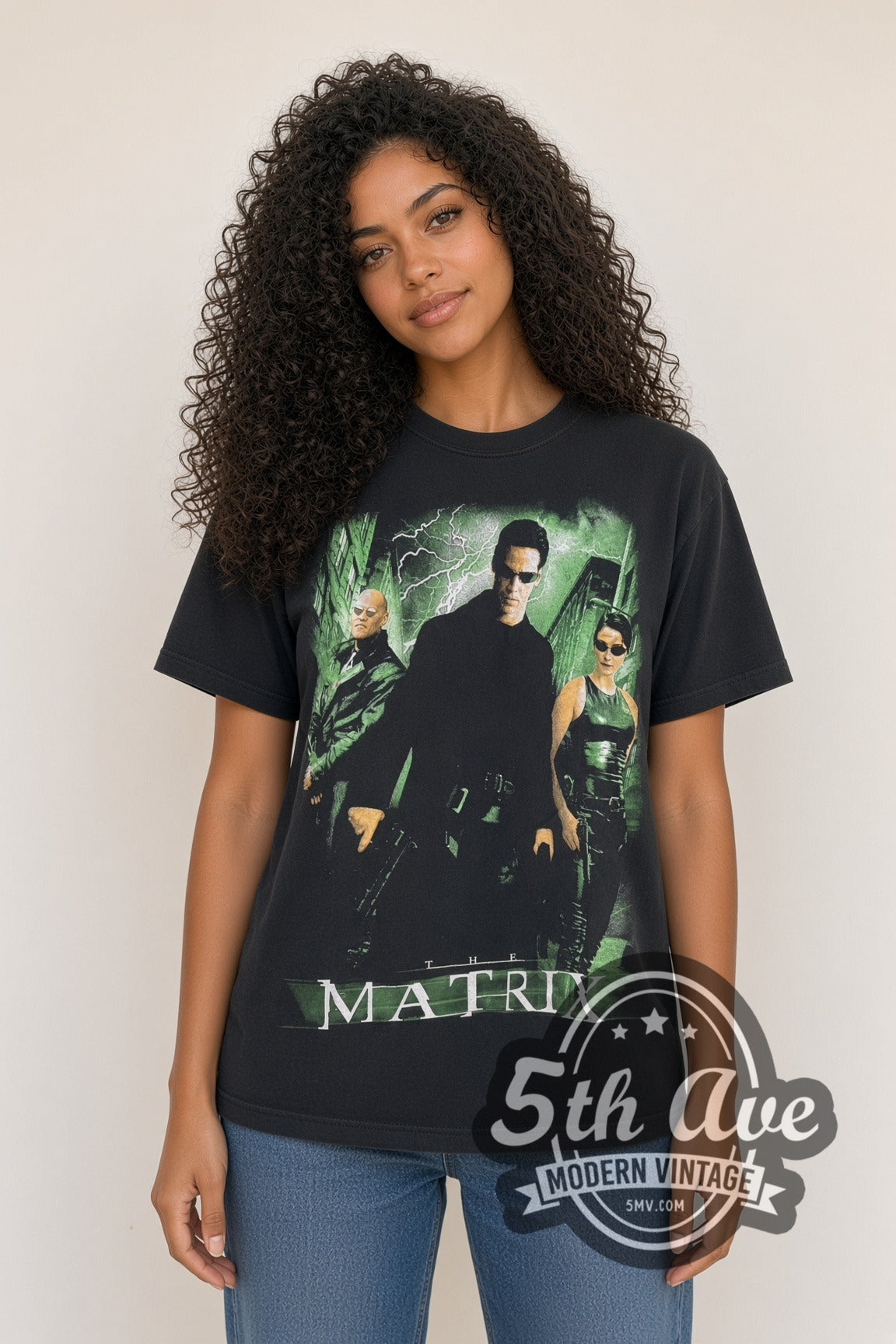 Woman wearing black The Matrix Neo Morpheus Trinity and Red Blue Pill vintage movie tee
