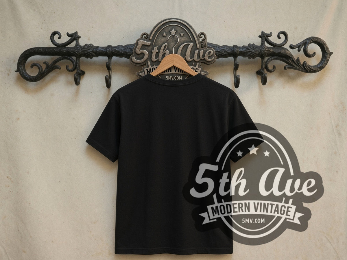 Plain black back of The Matrix Neo with Pistols double stitched tee on rack