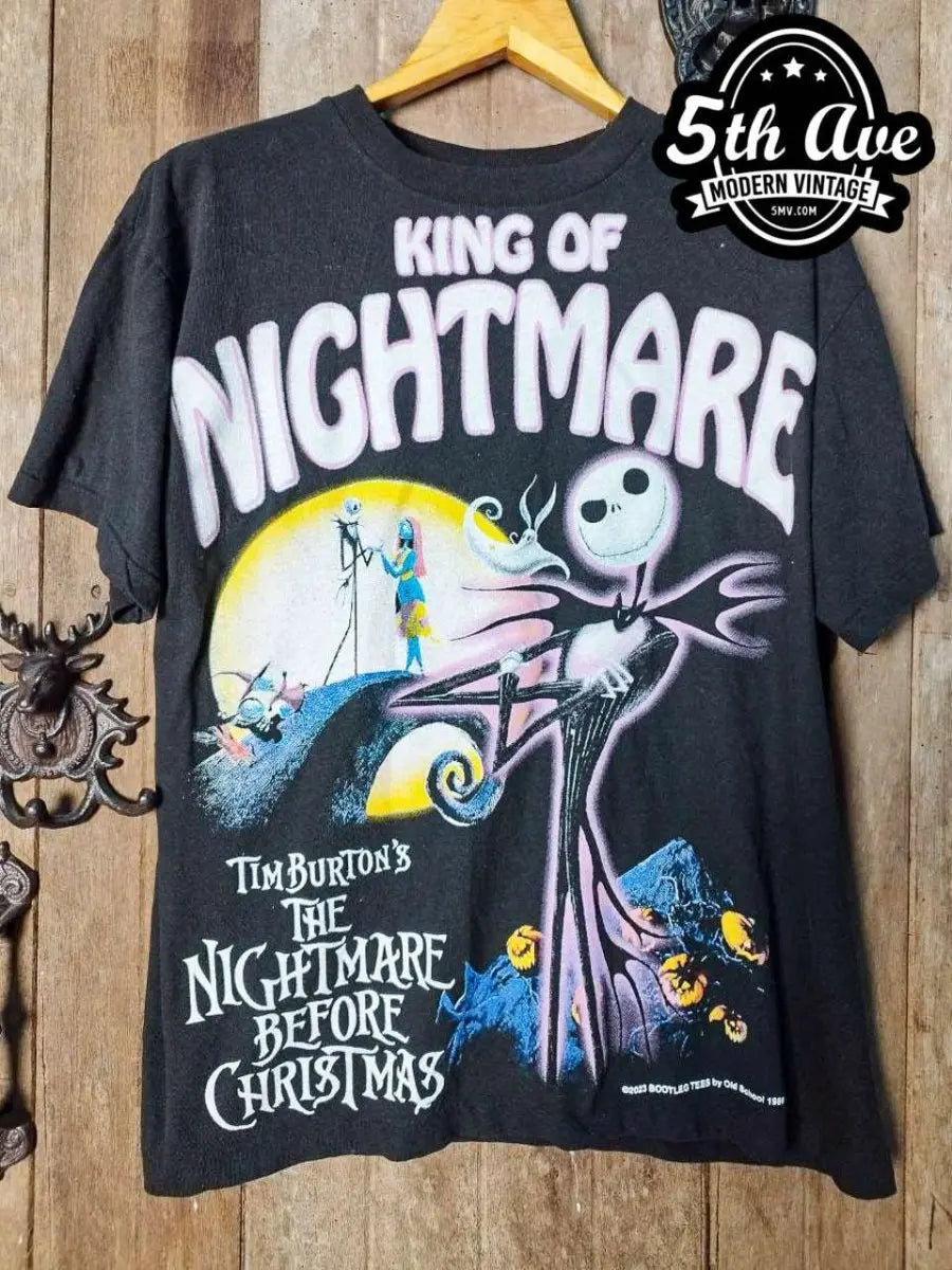 The Nightmare Before Christmas Jack Skellington vintage movie t-shirt, front view on a display rack