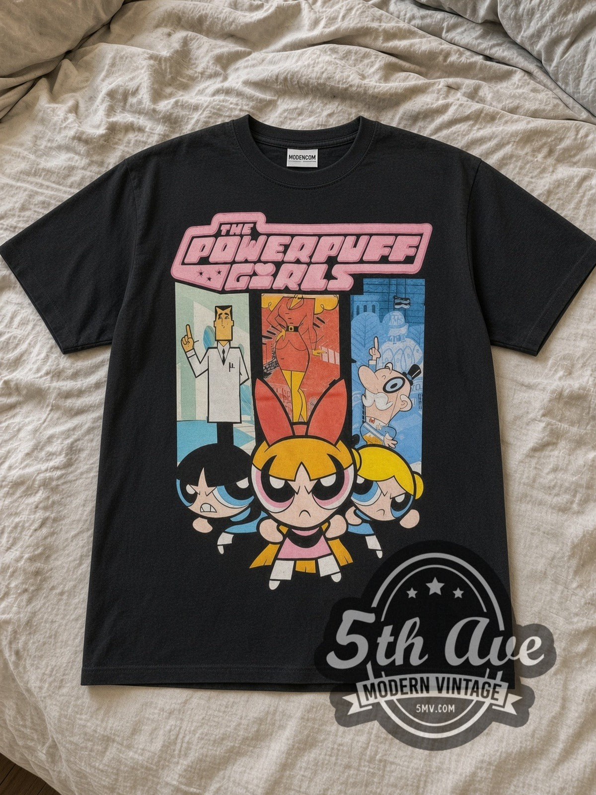 Black The Powerpuff Girls Professor Utonium and the Powerpuff Girls Vintage Cartoon T-Shirt laid flat on a linen bed