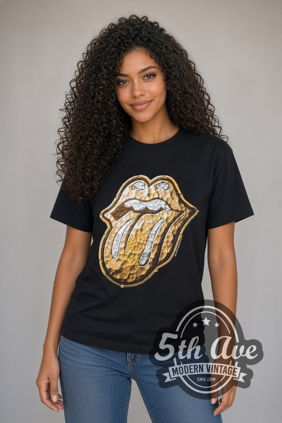 Model wearing The Rolling Stones Bridges to Babylon Gold Tongue band t-shirt in black