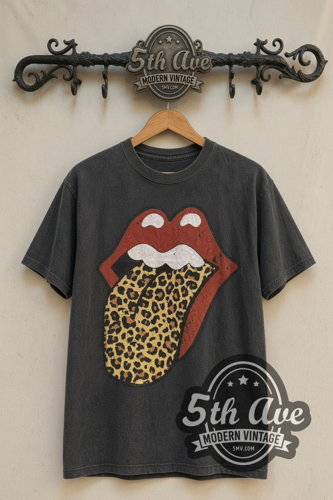 The Rolling Stones Leopard Tongue North American Tour 1989 band t-shirt front on 5th Ave iron rack
