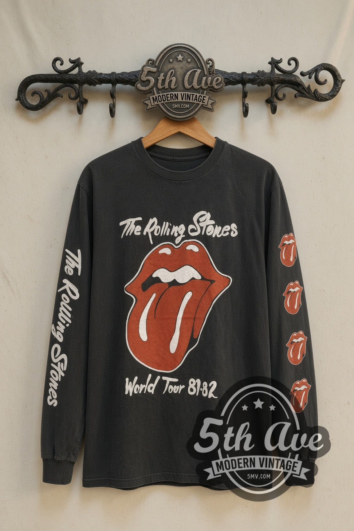 The Rolling Stones World Tour 81-82 Tongue & Globe band t-shirt front on 5th Ave iron rack