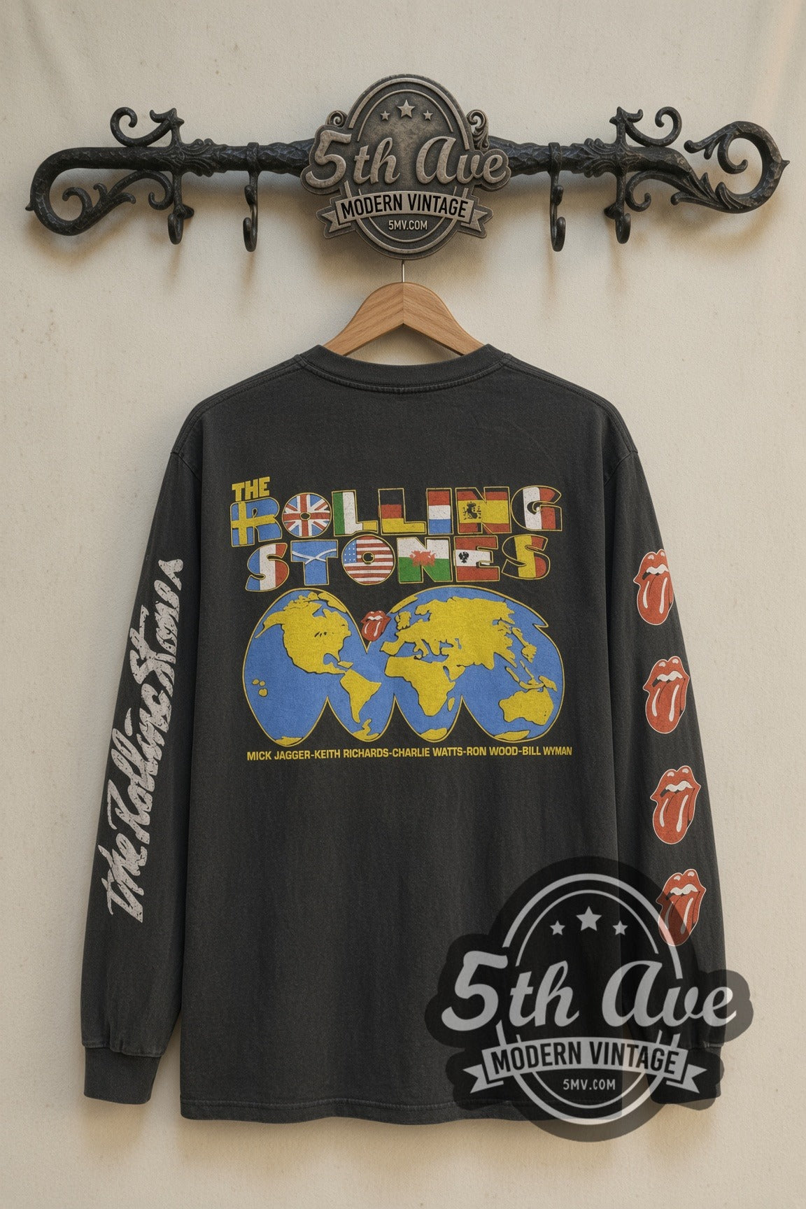 Back print of The Rolling Stones World Tour 81-82 Tongue & Globe long sleeve tee on 5th Ave rack