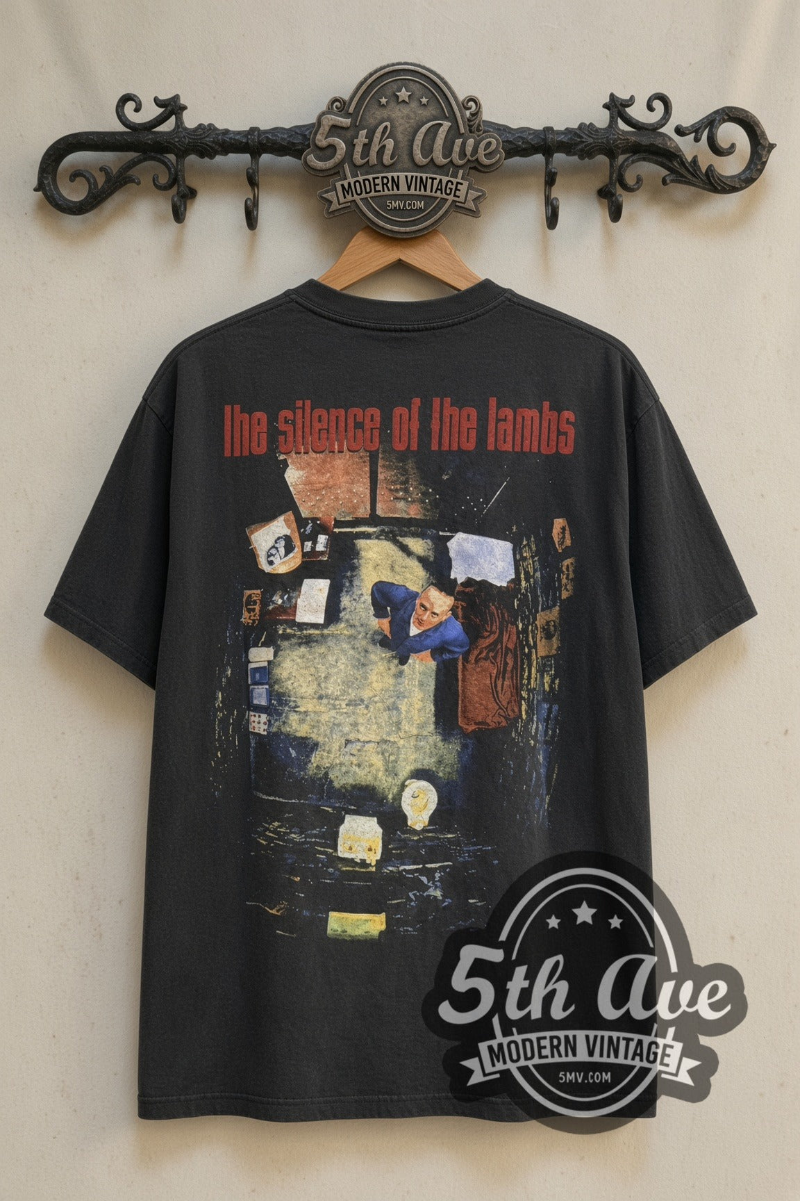 Back print of The Silence of the Lambs cell scene tee on the 5MV rack