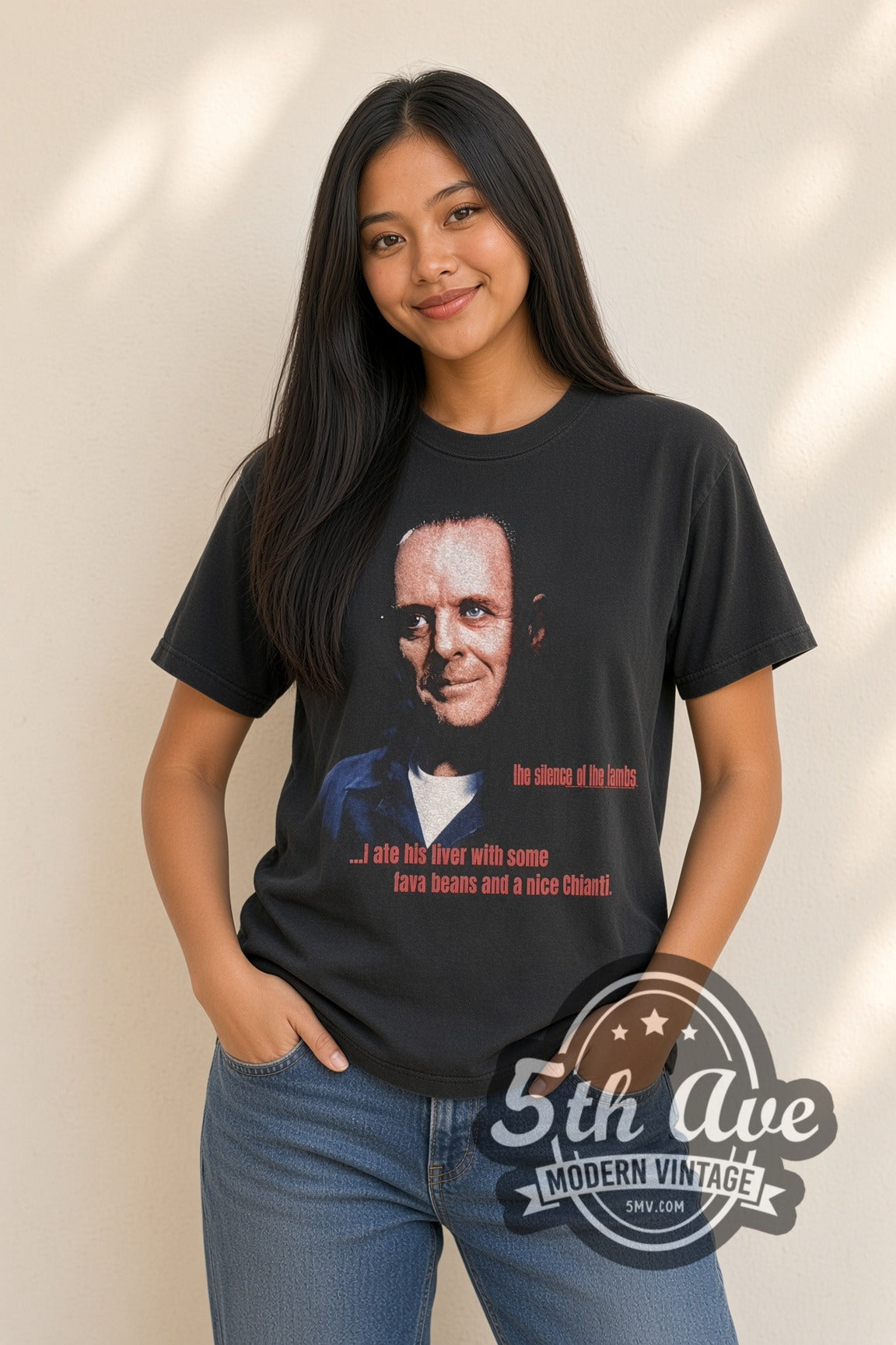 Woman wearing black The Silence of the Lambs vintage movie t-shirt