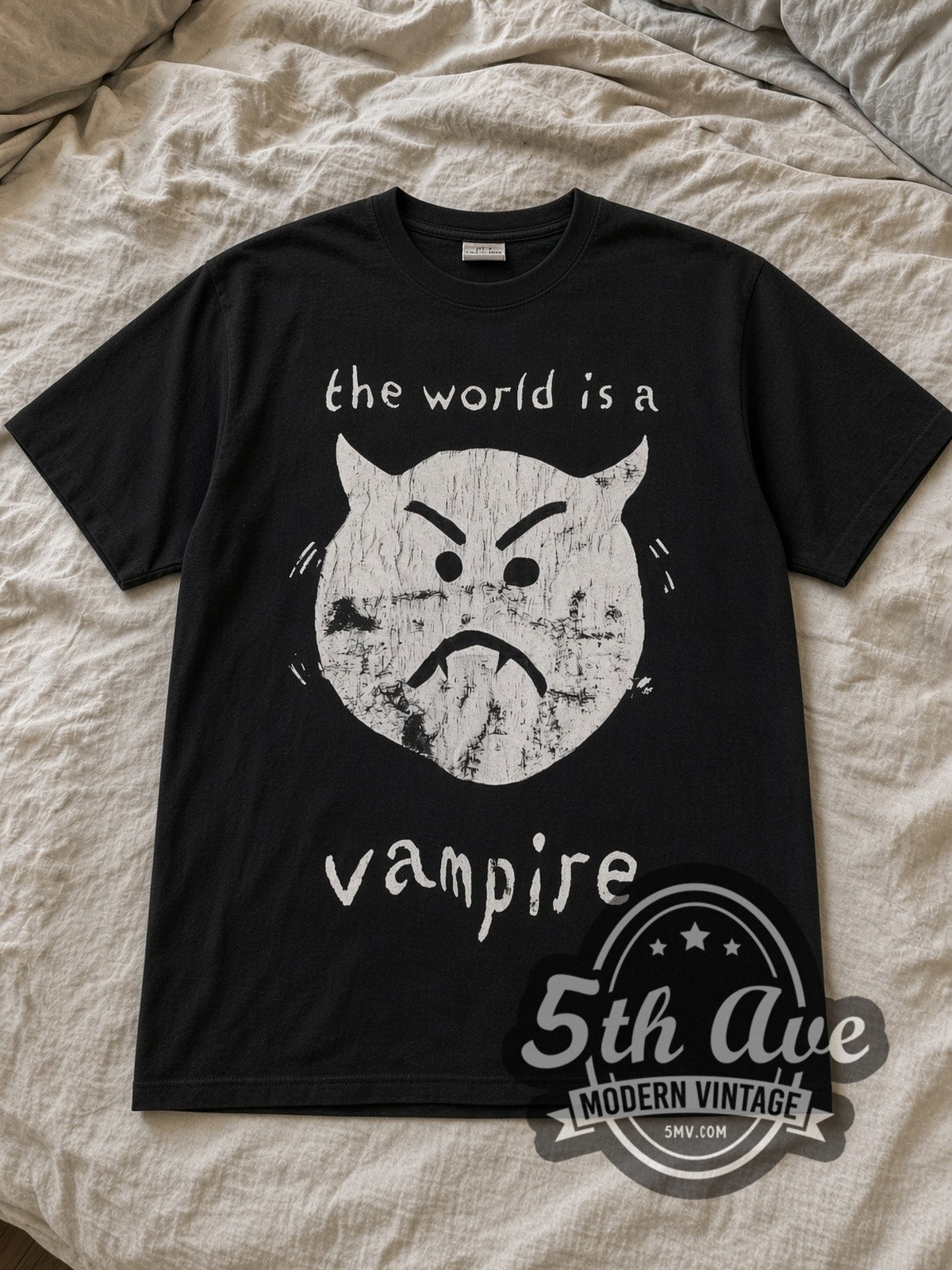 Black The Smashing Pumpkins Bullet with Butterfly Wings Tour Vintage Band T-Shirt laid flat on a linen bed