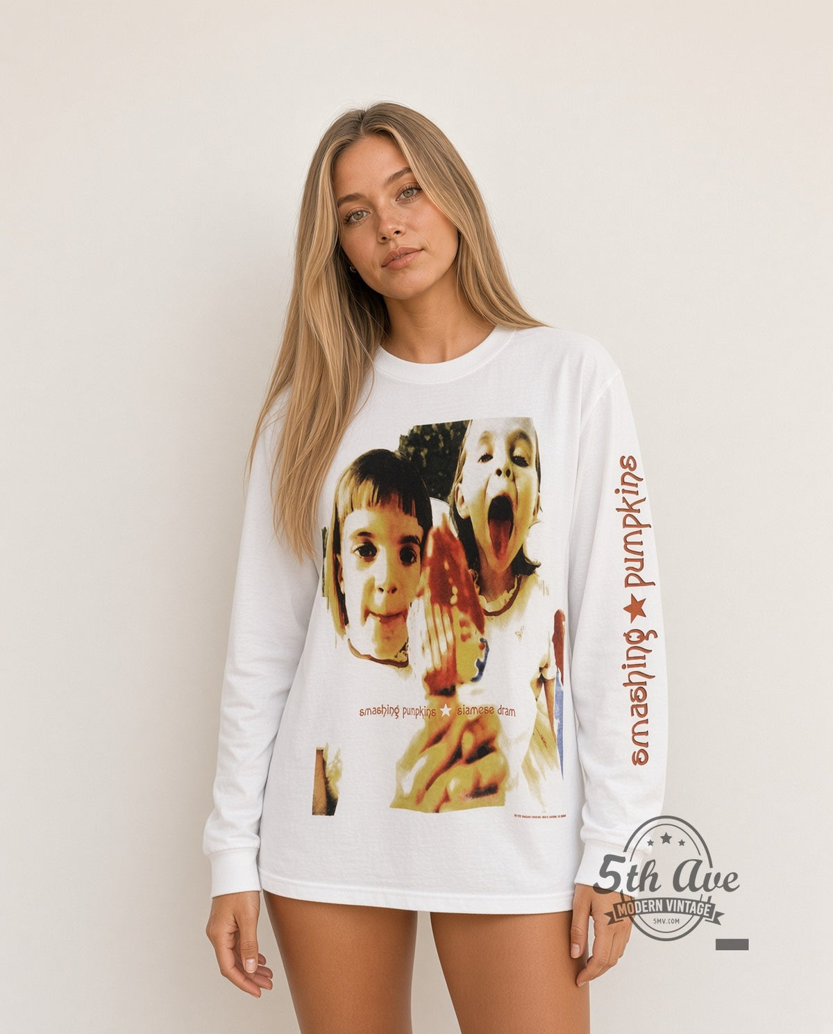 Model wearing The Smashing Pumpkins Siamese Dream Rock Invasion '93 White Long Sleeve vintage band t-shirt