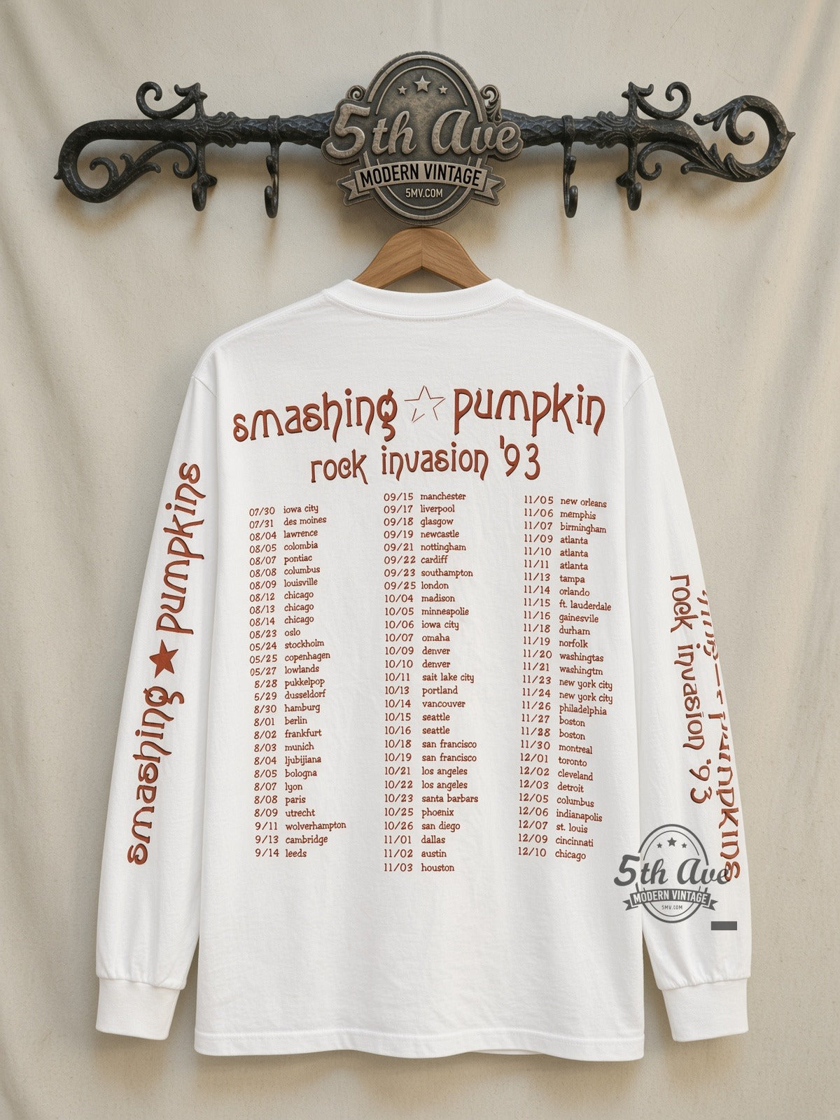 The Smashing Pumpkins Siamese Dream Rock Invasion '93 White Long Sleeve vintage band t-shirt back on cream 5th Ave rack