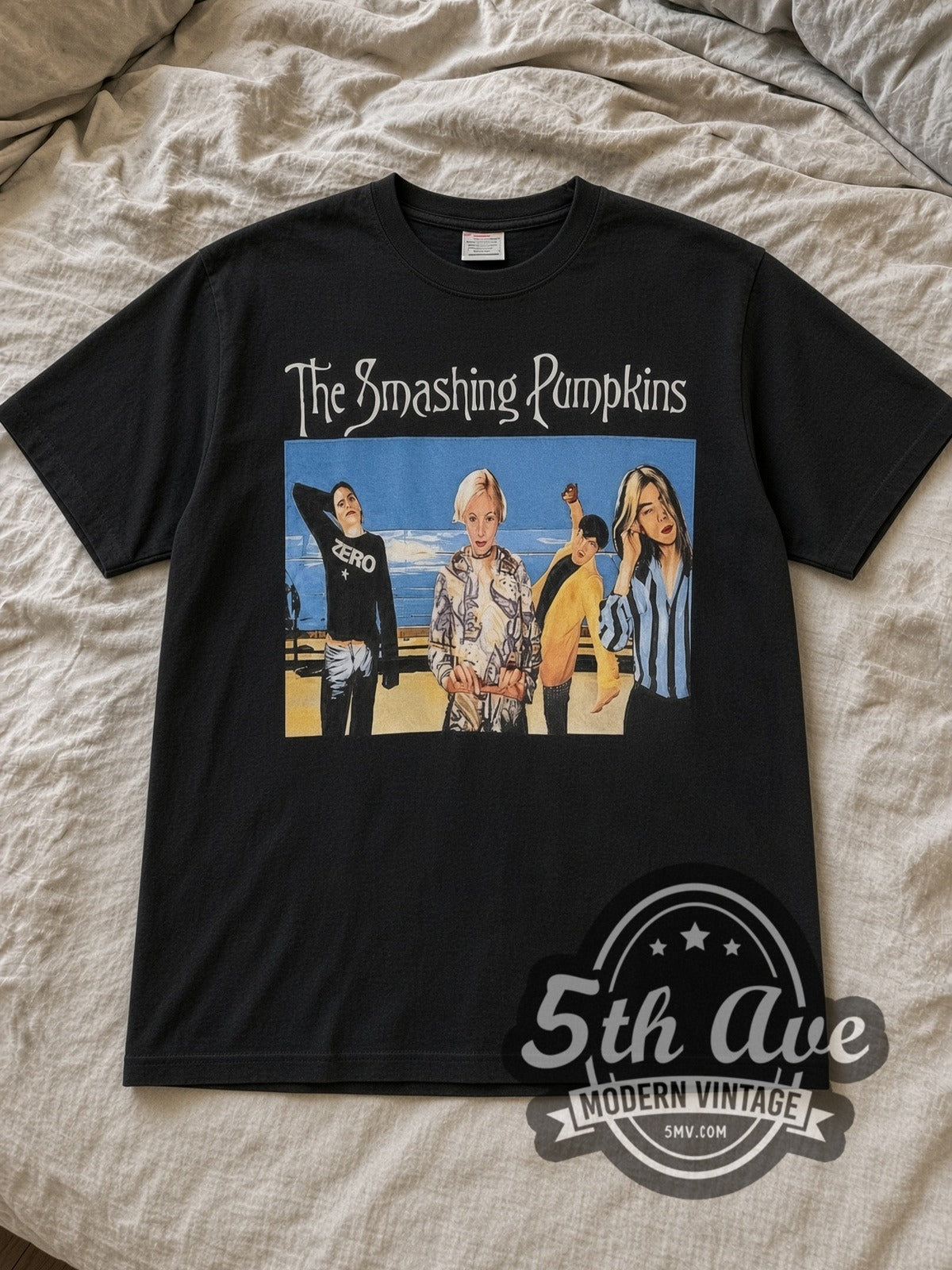 Black The Smashing Pumpkins Tonight Tonight Vintage Band T-Shirt laid flat on a linen bed