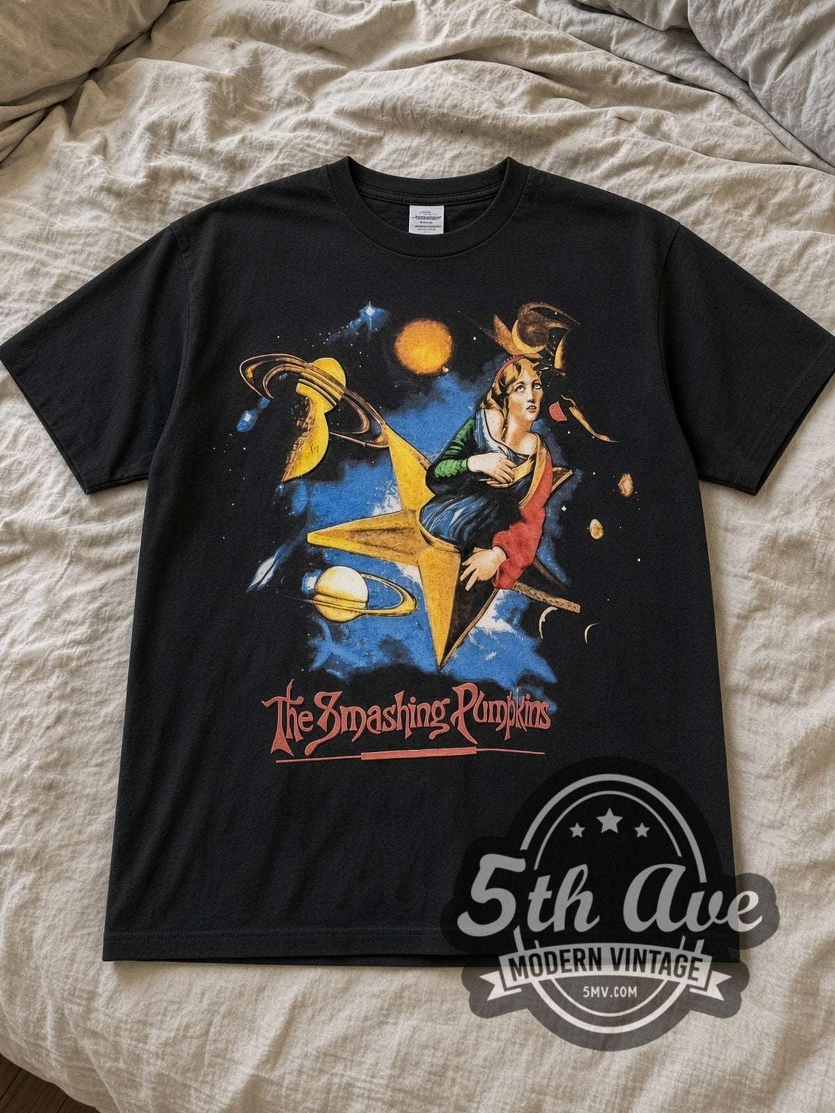 Black The Smashing Pumpkins Mellon Collie Zero Star Back Vintage Band T-Shirt laid flat on a linen bed