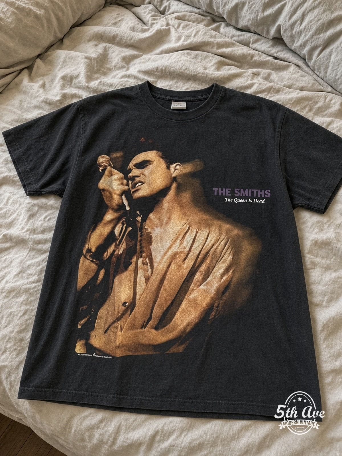 The Smiths The Queen Is Dead UK Tour 86 vintage tee laid on bed