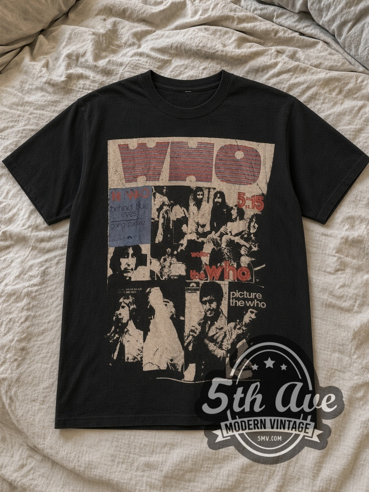 Black The Who Behind Blue Eyes Vintage Band T-Shirt laid flat on a linen bed