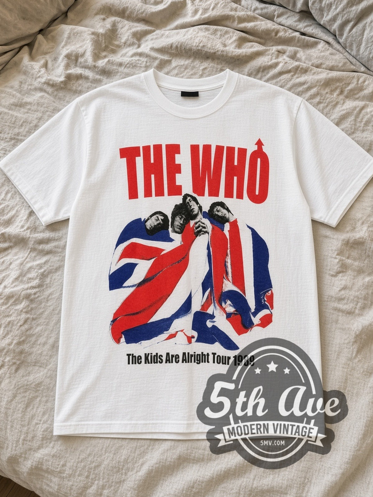 White The Who The Kids Are Alright Vintage Band T-Shirt laid flat on a linen bed